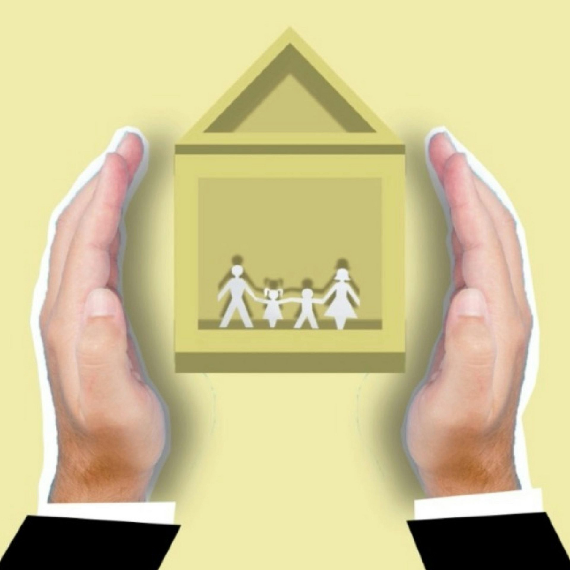 Hands protecting a house icon with a family silhouette on a yellow background