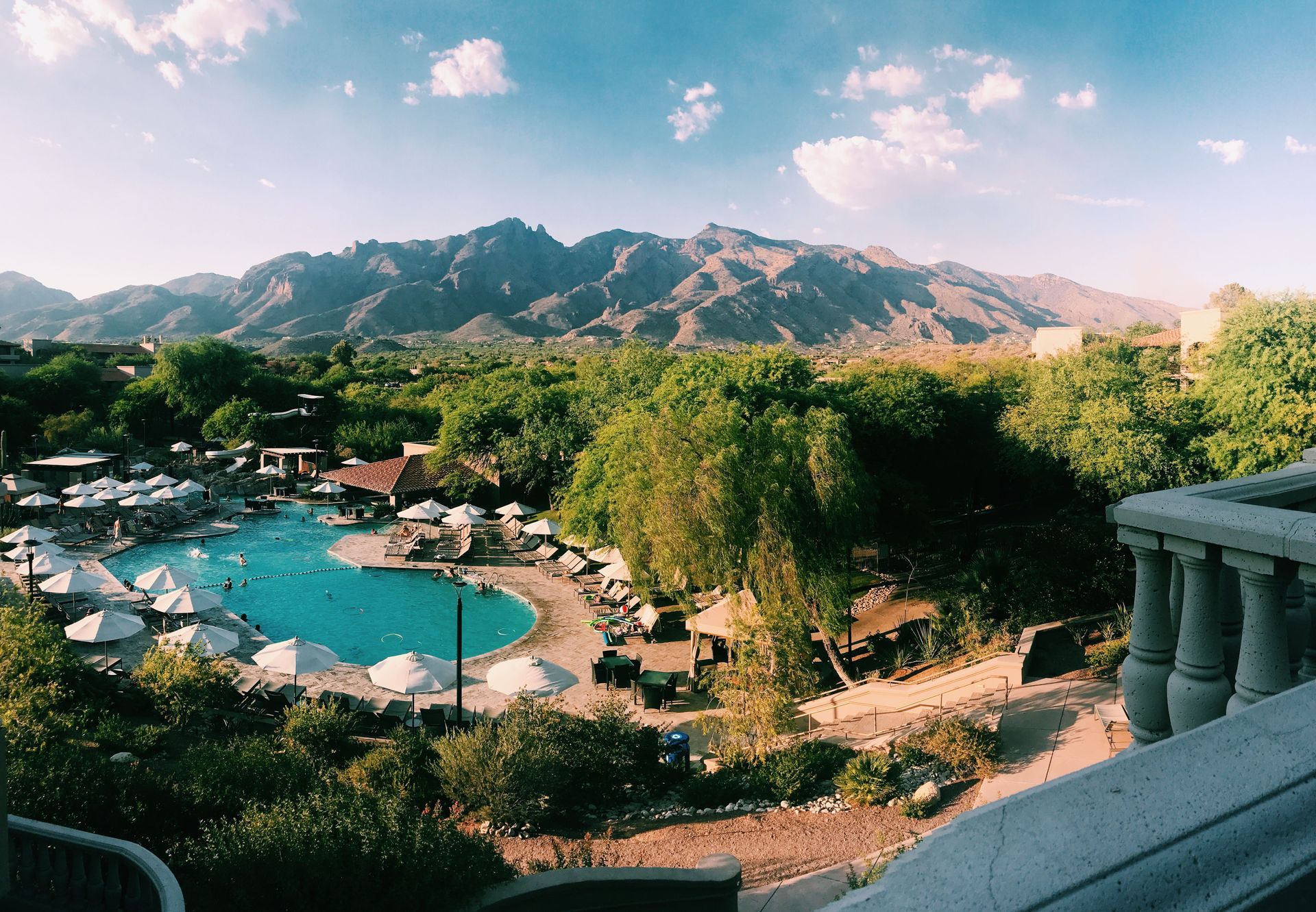 Tucson, Arizona foothills resort and homes with the Santa Catalina Mountains rising behind them