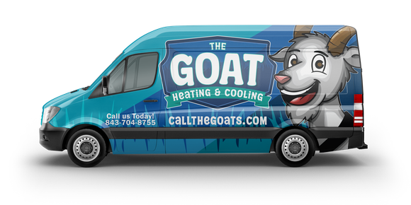 Blue van with “THE GOAT” roofing and siding branding and a cartoon goat logo on the side