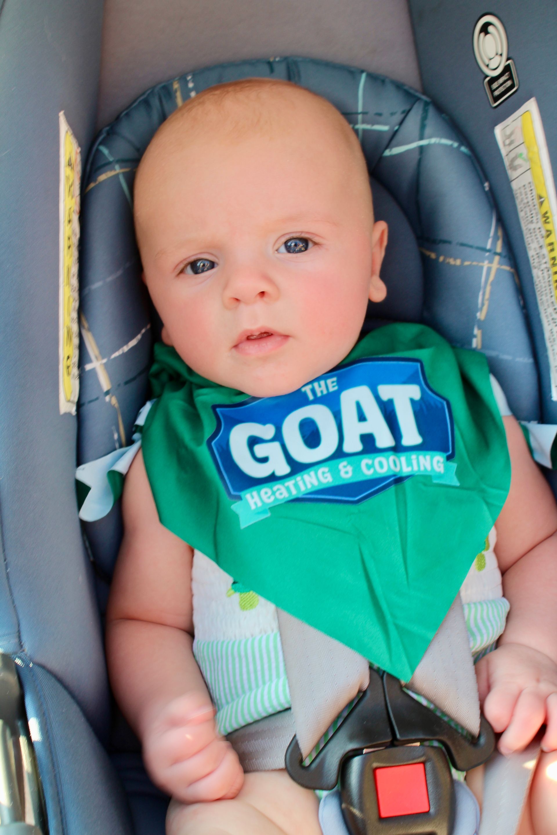 Baby in a car seat wearing a green bandana bib that says “The GOAT”