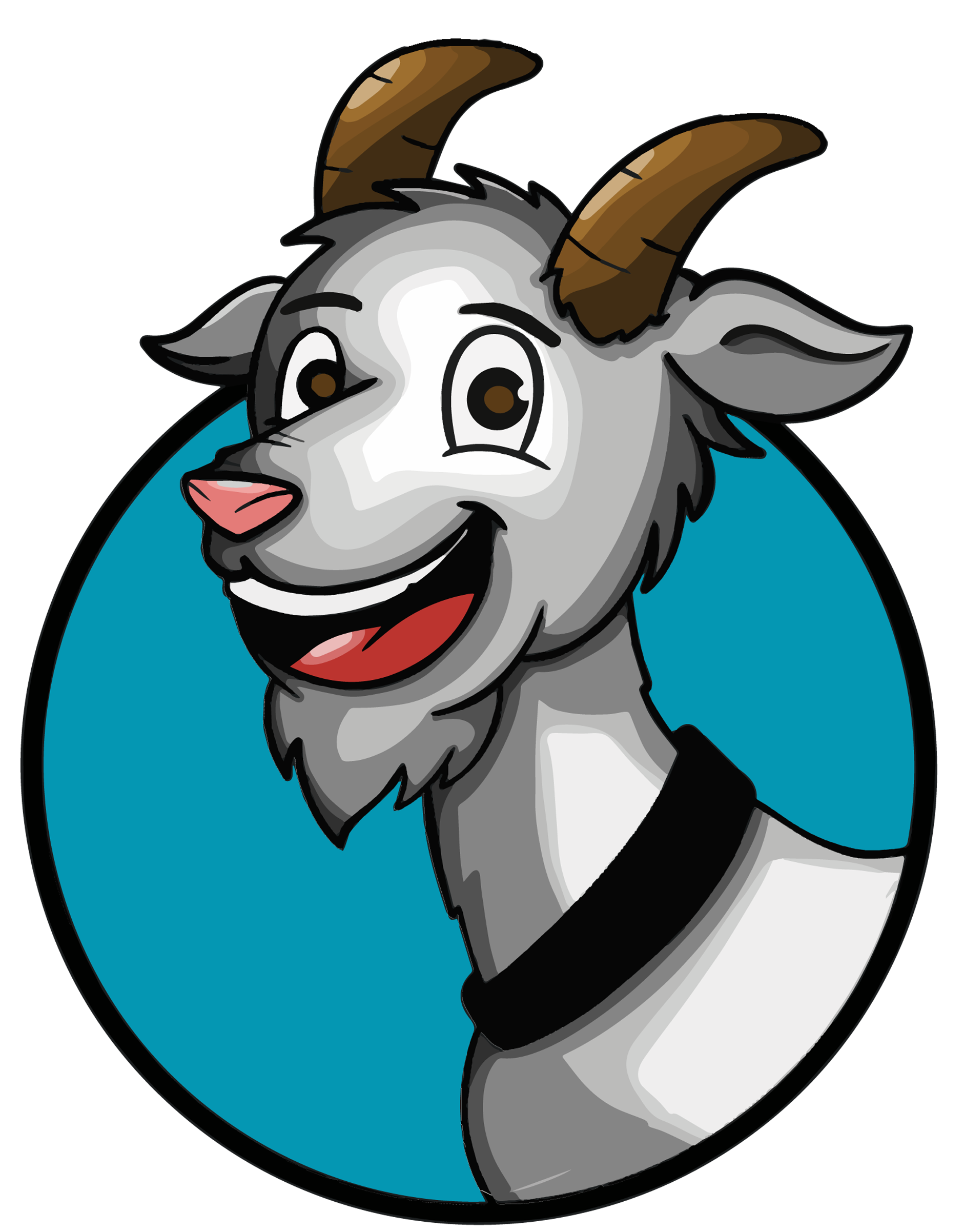 Cartoon goat head with gray fur, brown horns, and a smiling expression in a blue circle