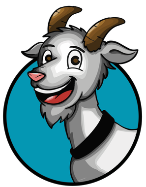Cartoon goat head with gray fur, brown horns, and a smiling expression in a blue circle