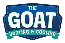 Logo reading “THE GOAT HEATING & COOLING” in blue, white, and teal shield design