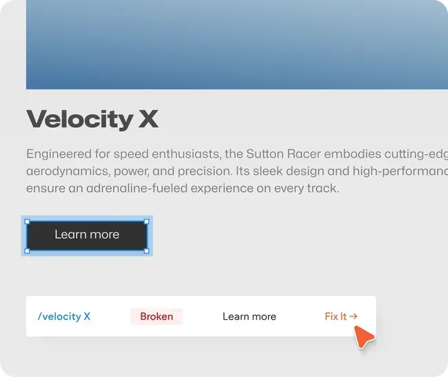 Sleek car product page for Velocity X with a black “Learn more” button and navigation tabs.