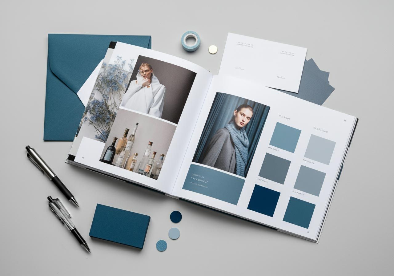 Brand mockup with blue envelopes, stationery, pens, and open brochure pages on a light desk