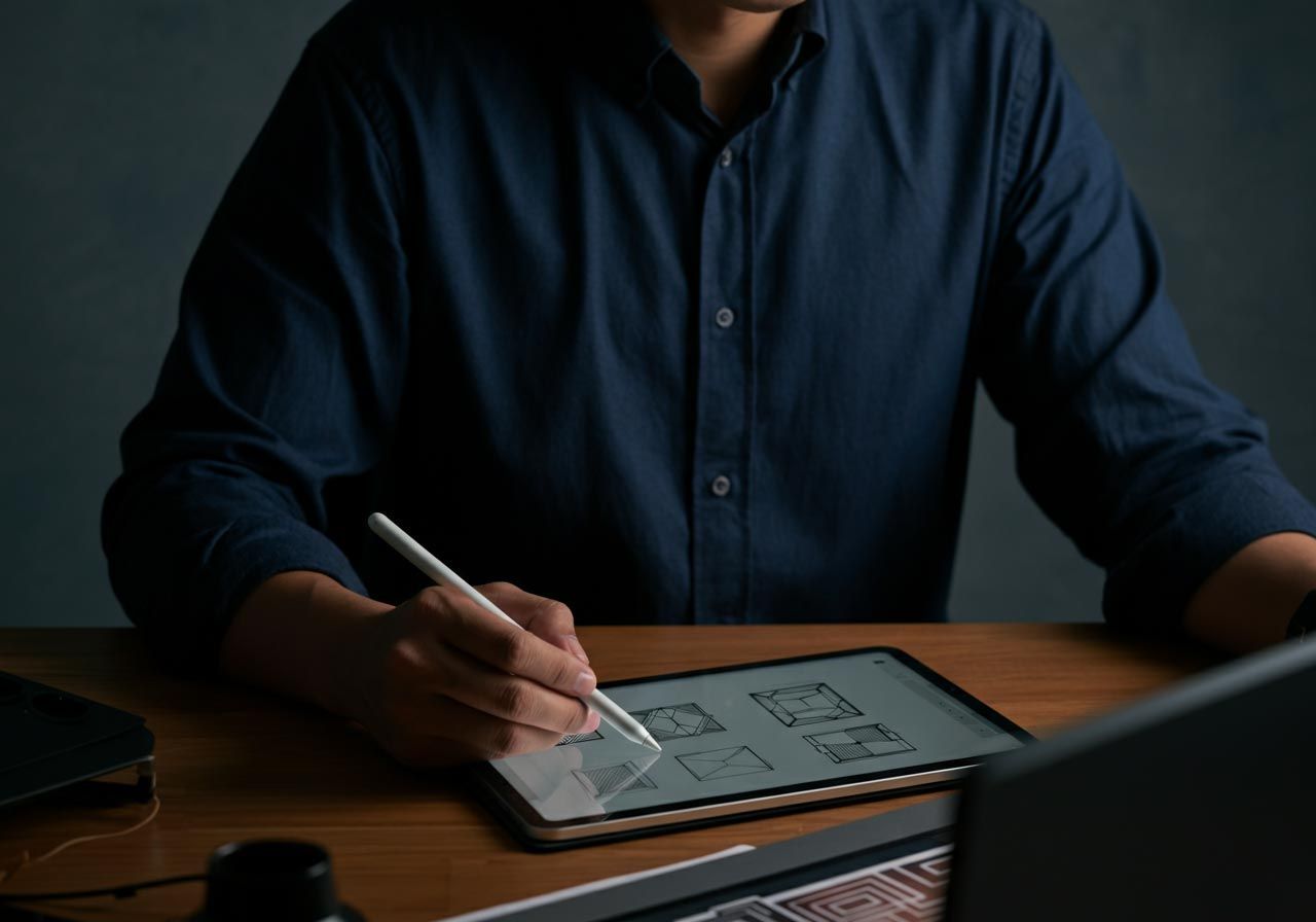 Person writing on a tablet at a wooden desk, wearing a dark shirt in a dim room
