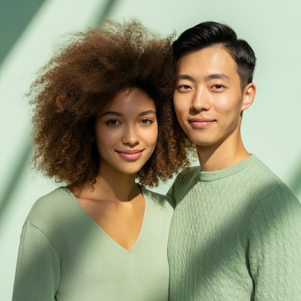 Two people in matching green sweaters smiling against a light green background