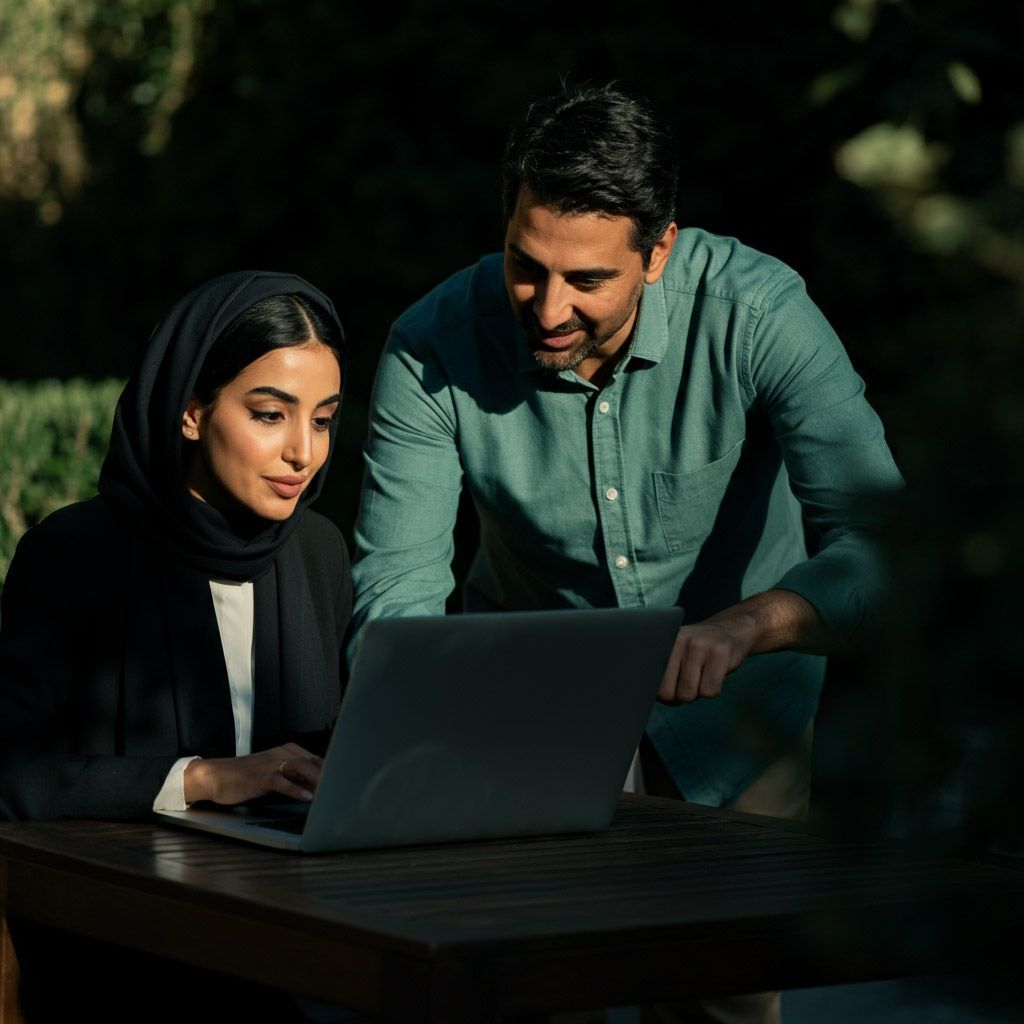 Two coworkers reviewing a laptop outdoors at a table, one pointing at the screen