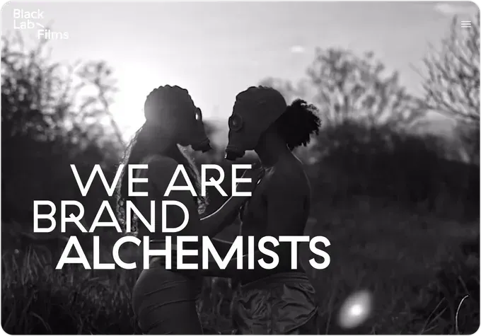 A black and white photo with the words we are brand alchemists