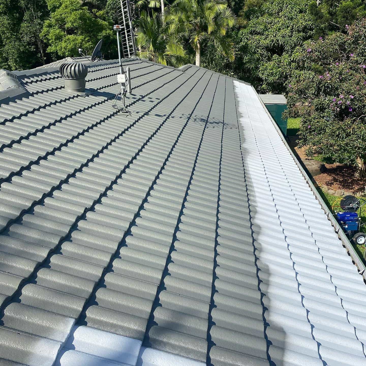 Gray tiled roof, half painted, showing the process of a roof restoration with trees in the background — SEQ Roofing & Painting in Nerang, QLD