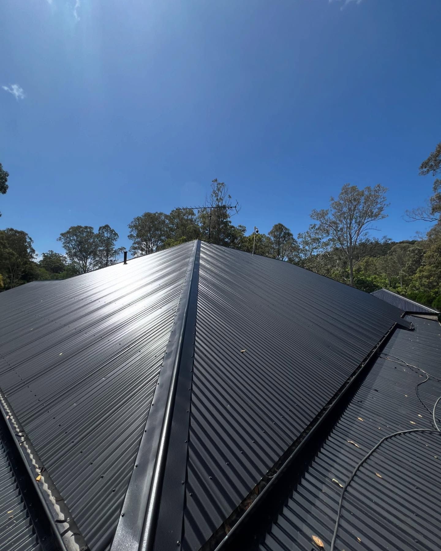 Black metal roof under a clear blue sky, viewed from a rooftop, with trees in the background — SEQ Roofing & Painting in Nerang, QLD