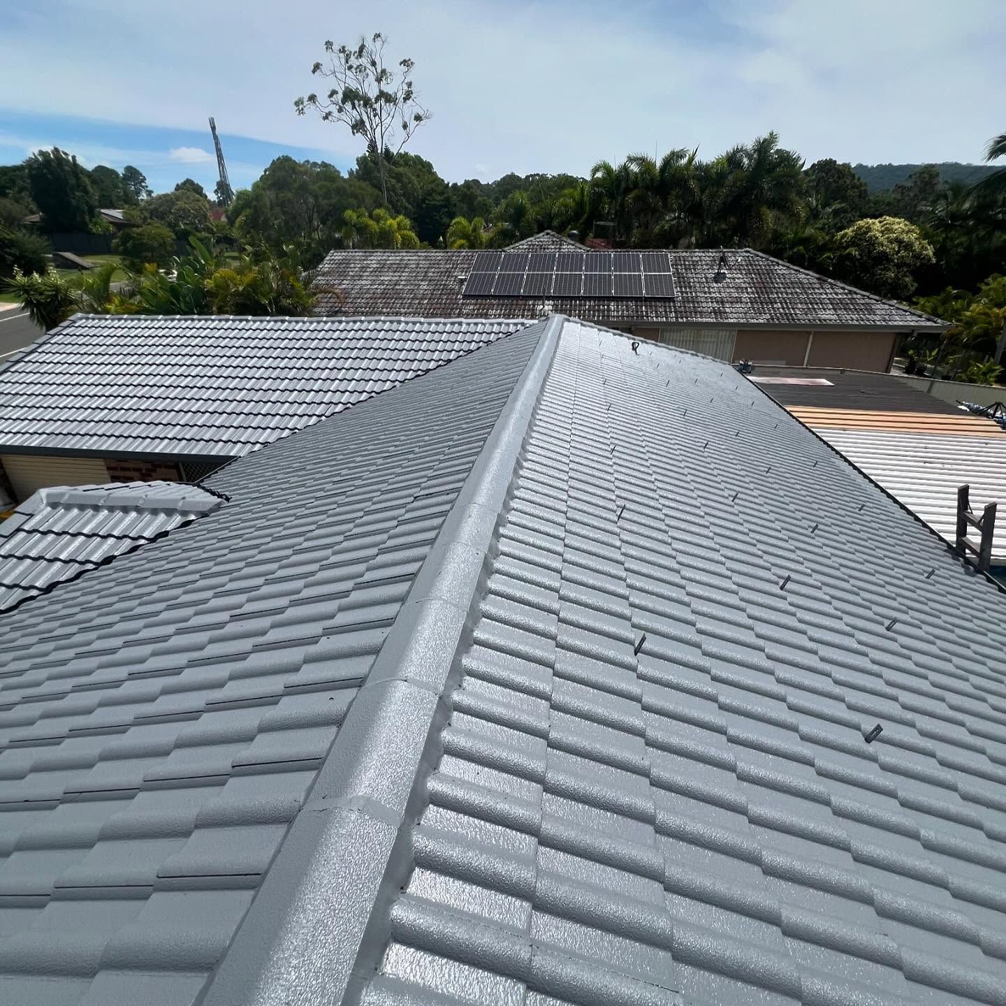 Gray Tiled Roof on A House, with Trees and Another House — SEQ Roofing & Painting in Burleigh Heads, QLD
