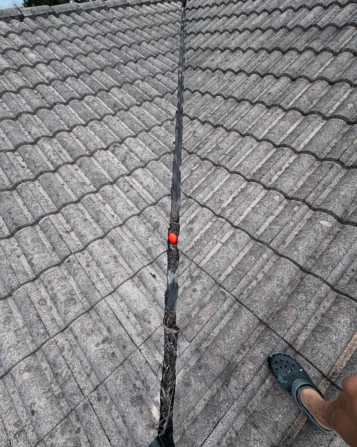 Close-Up of A Grey Tiled Roof, a Red Ball Sits in The Dark Seam — SEQ Roofing & Painting in Nerang, QLD