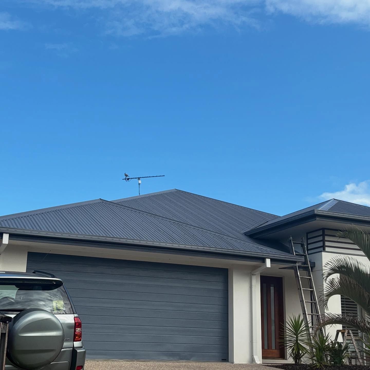 Blue-roofed house with grey garage door and SUV parked in front, against a blue sky. Ladder leaned against building — SEQ Roofing & Painting in Nerang, QLD