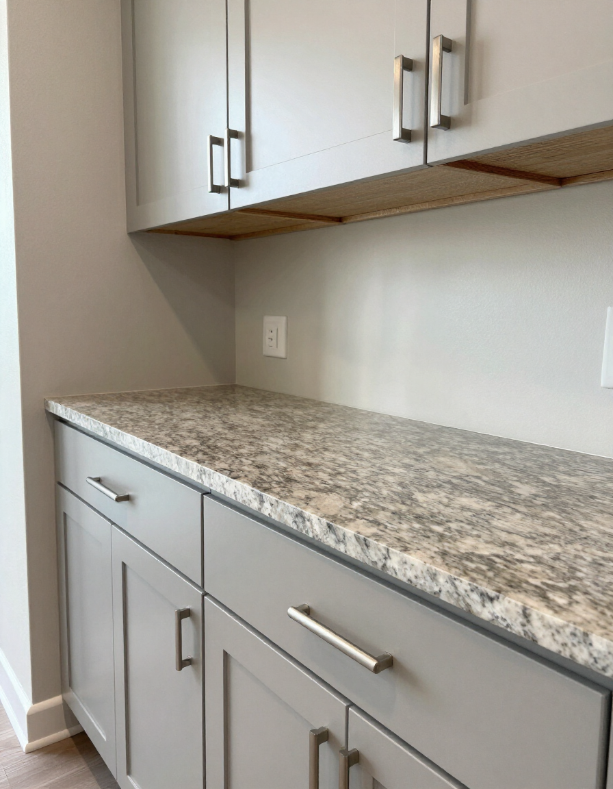 Completed kitchen remodel showing countertops and cabinetry detail
