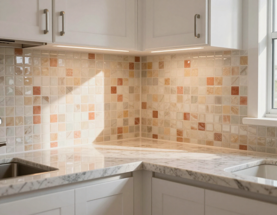 Modern white kitchen corner with beige tiled backsplash, marble countertop, and window light