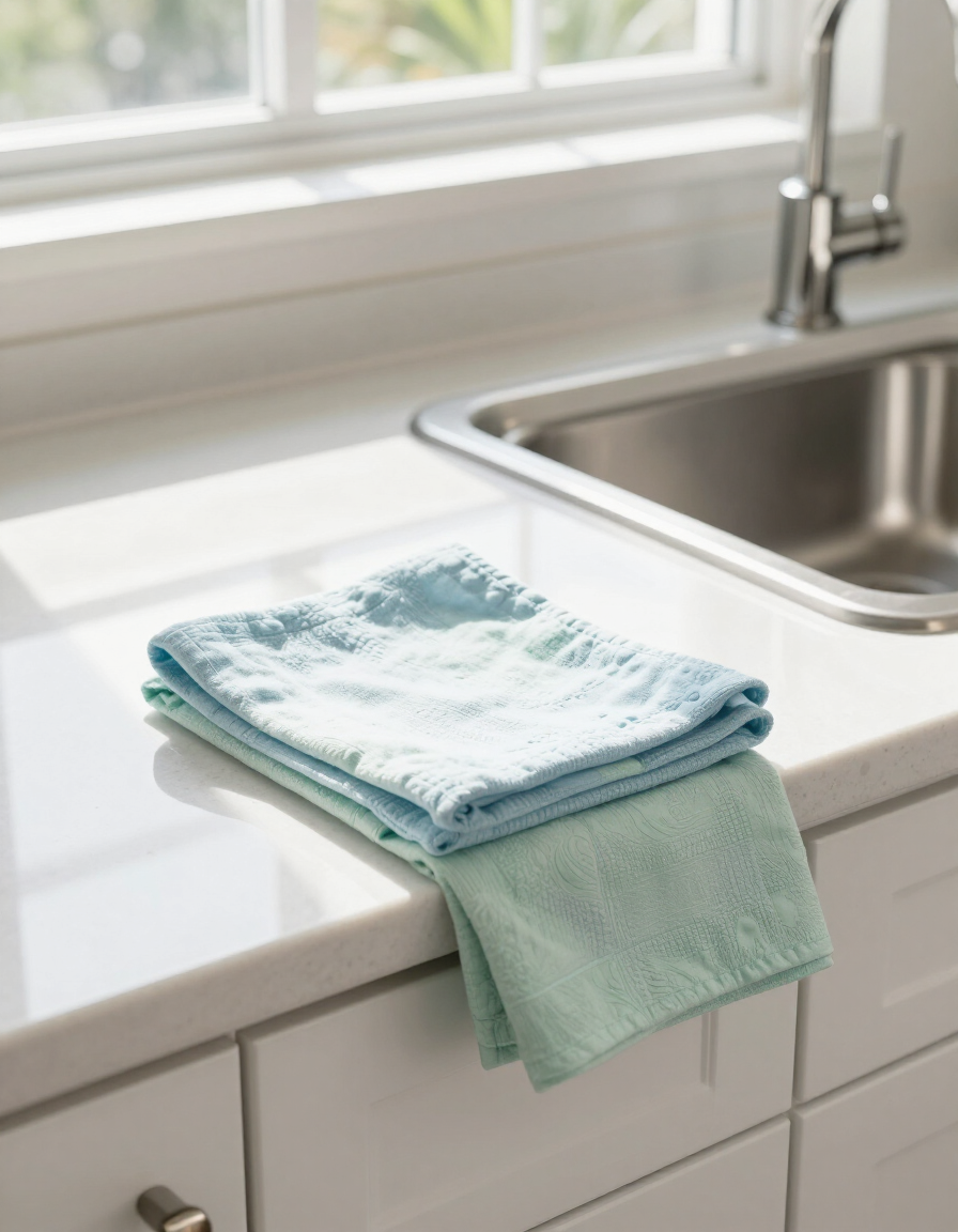 Staged Florida Airbnb kitchen with clean countertops, fresh dish towels, and a spotless sink
