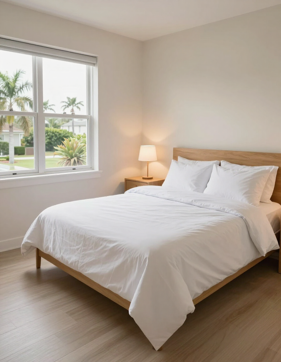 Neatly staged Florida Airbnb bedroom with freshly made bed with white duvet and clean floors