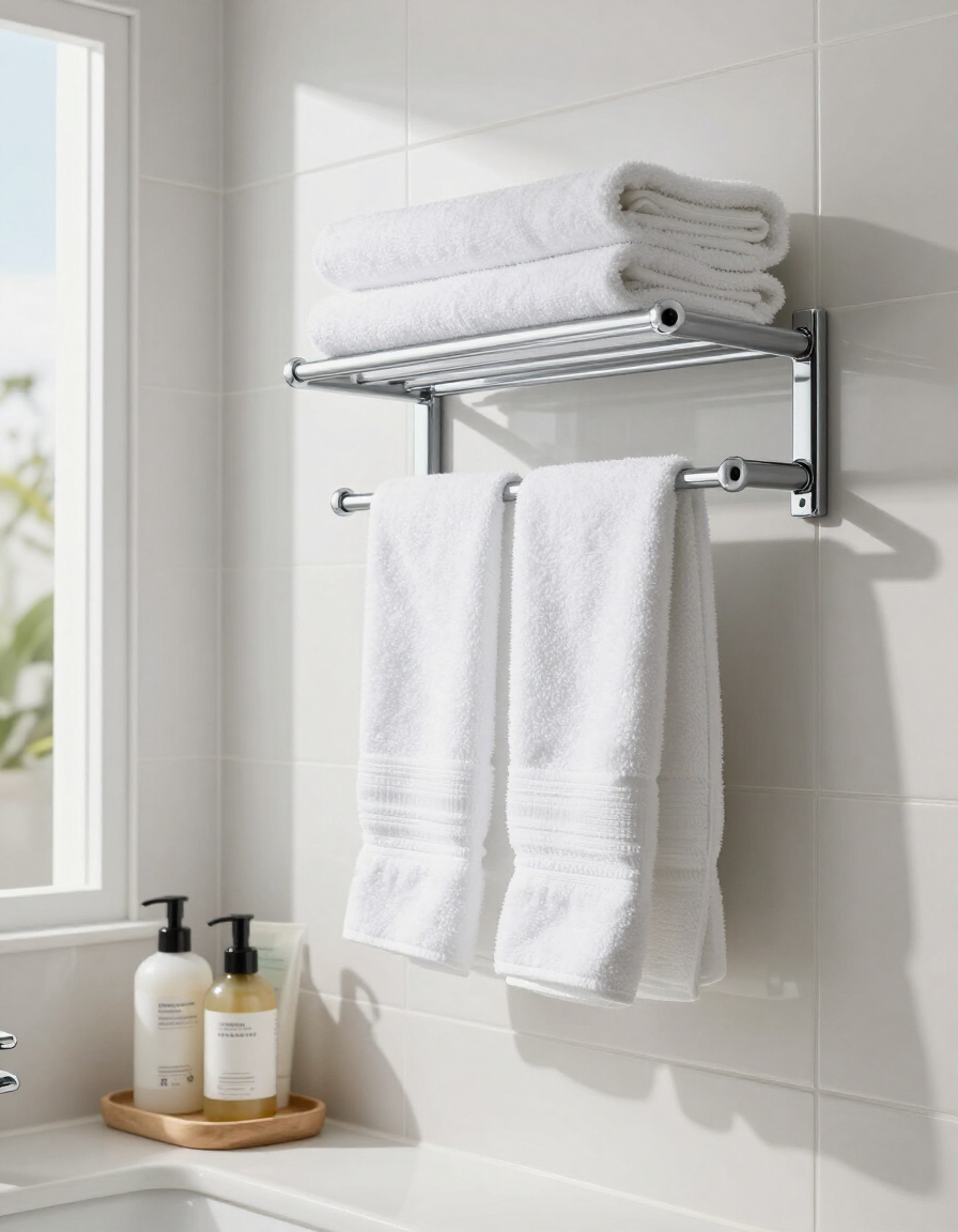 Freshly restocked and staged Florida Airbnb bathroom with clean white towels and gleaming tile
