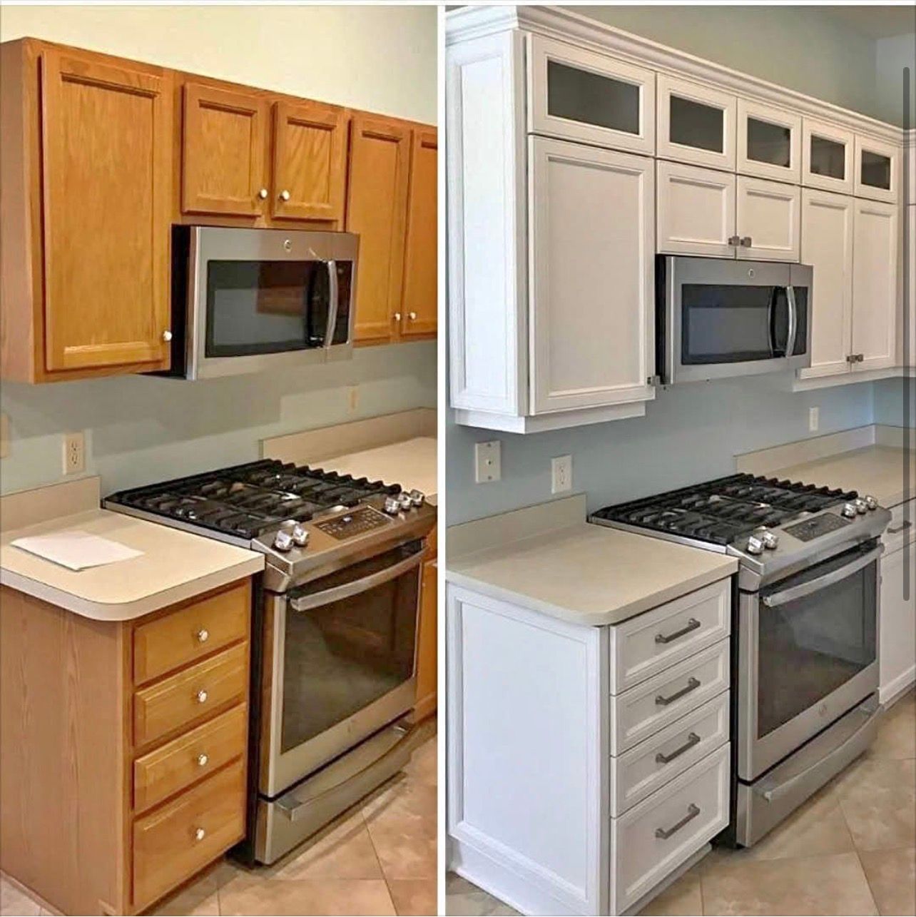 Before-and-after kitchen cabinets: wood finish changed to white around a stove and microwave.