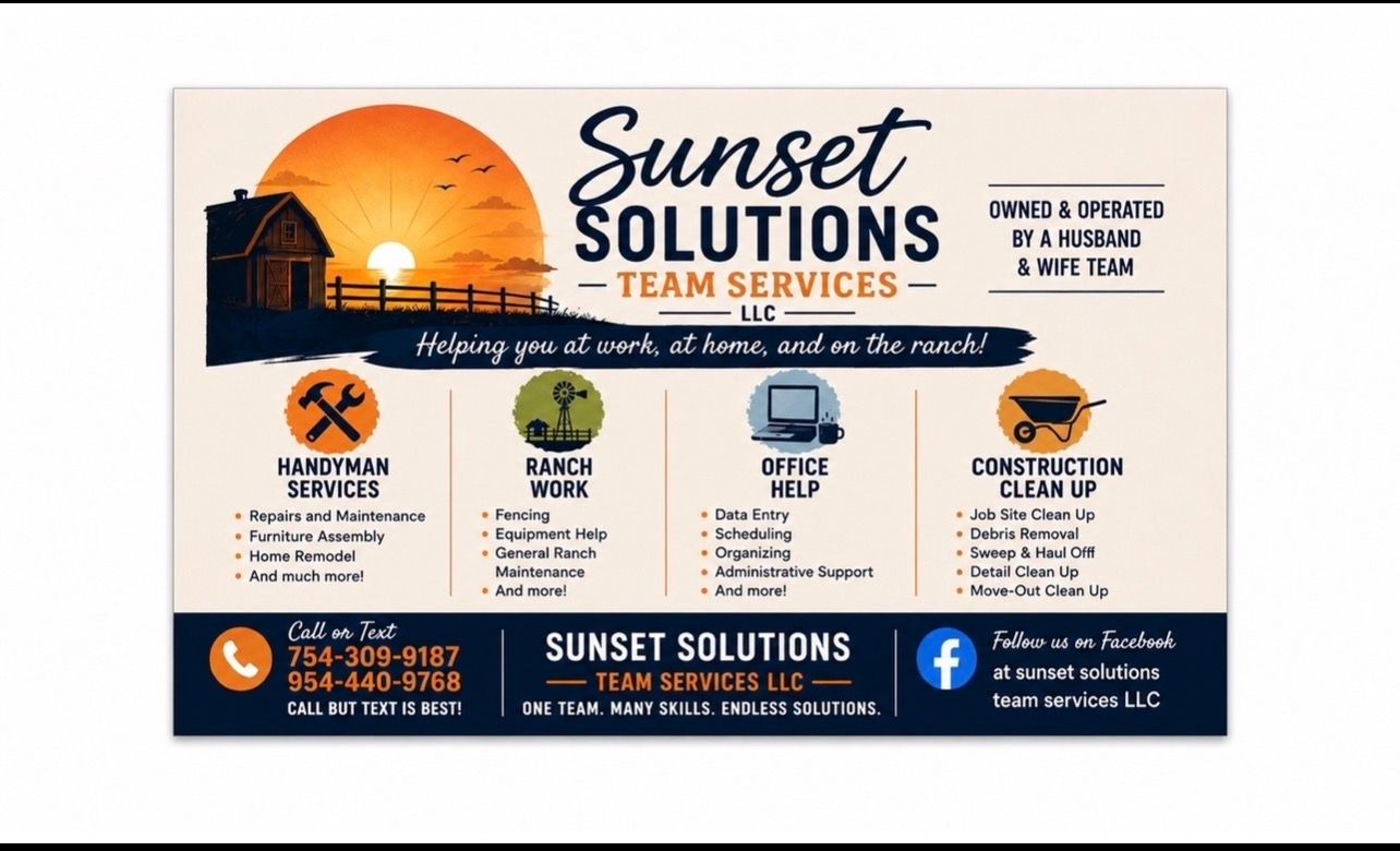 Sunset Solutions Team Services business flyer with sunset logo, service icons, and contact details on beige and dark blue background