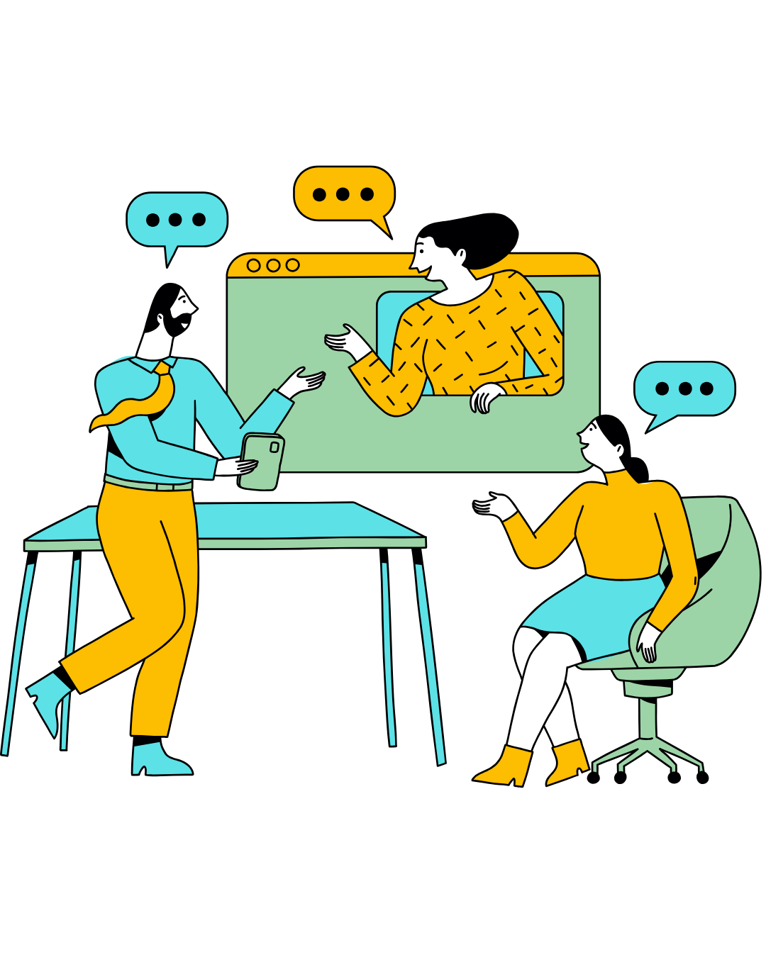Three people in a video conference; one on screen, two in a room. Cartoon style, light colors.