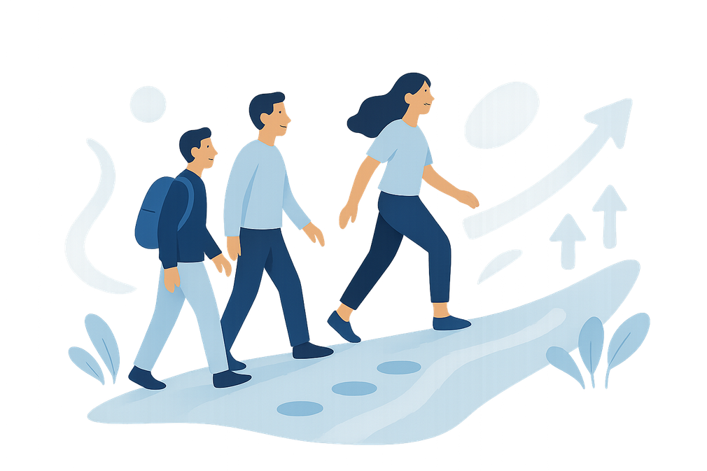 Three people walking upwards, following a path with an upward-pointing arrow, symbolizing progress.