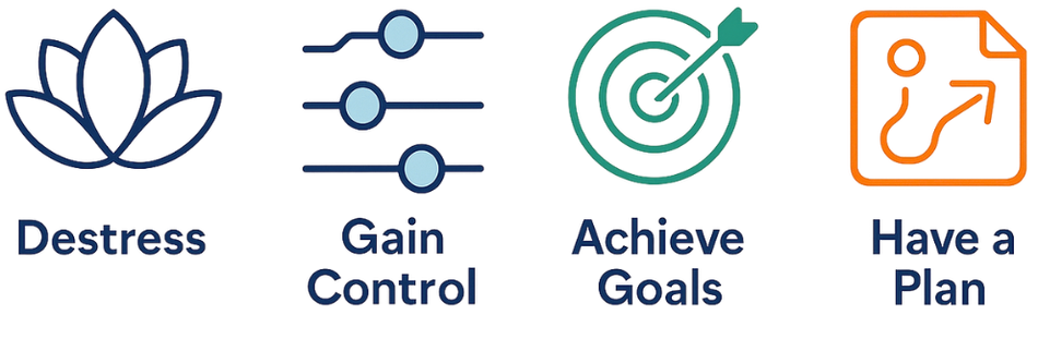 Icons for destress, gain control, achieve goals, and have a plan.