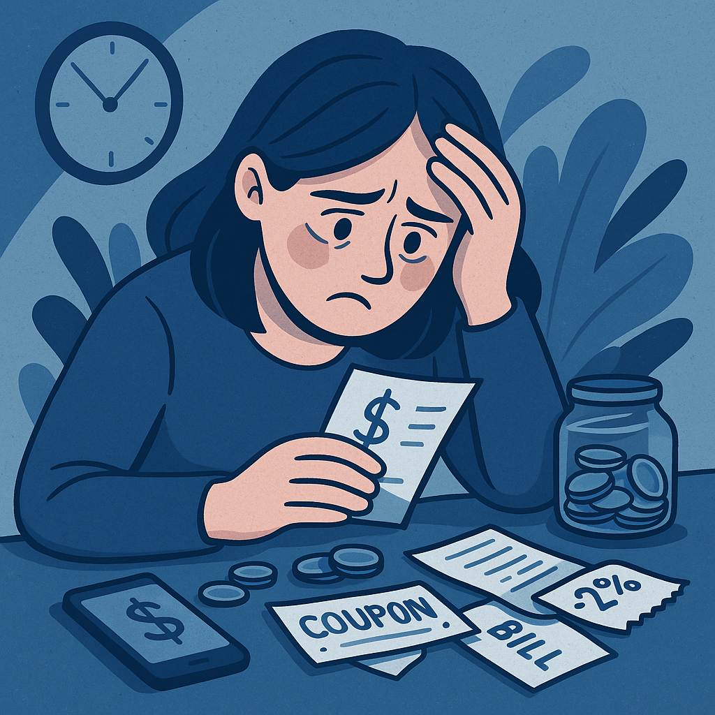 Woman stressed, looking at bills, coins, and a jar, with a clock in the background.