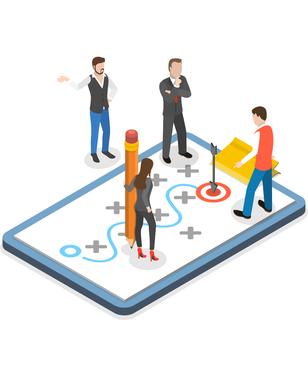 Team planning strategy on a large tablet screen. A pencil marks a path to the goal with people around it.