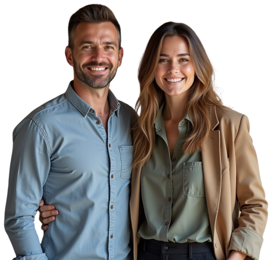 Smiling man with arm around woman; both smiling, facing forward. Light blue and green shirts, tan blazer.