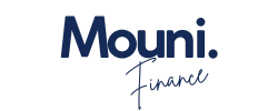 Logo for Mouni. Finance, navy blue text, cursive font, white background.