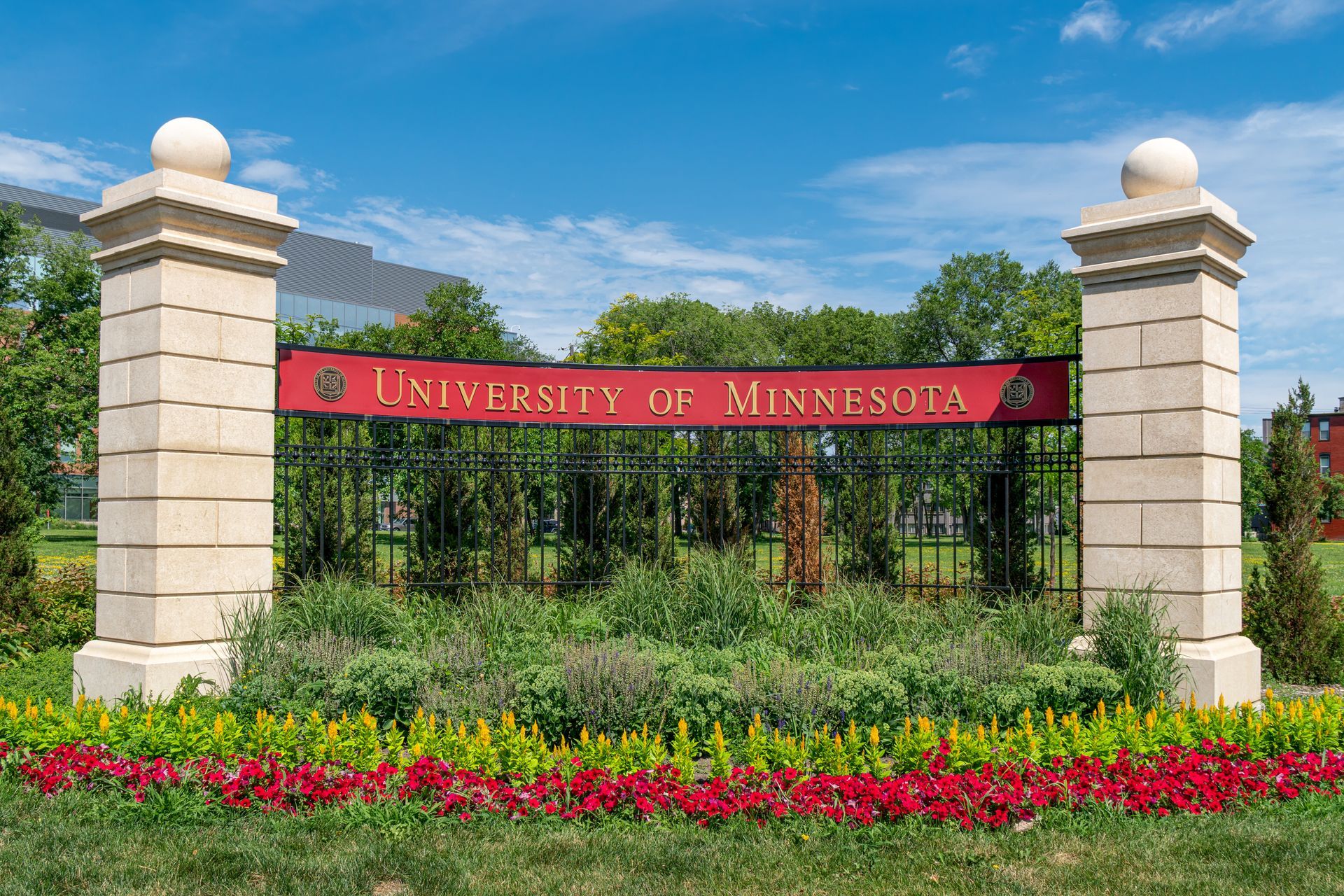 A sign for the university of minnesota is surrounded by flowers.