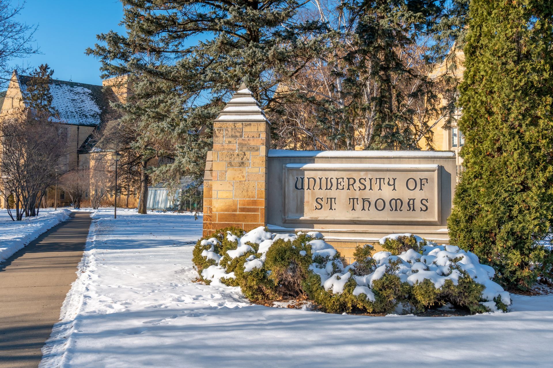 A sign for the university of st. thomas is surrounded by snow and trees.