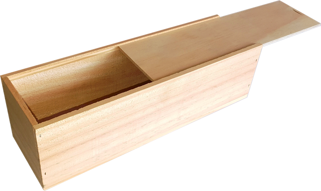 A wooden box with the lid open on a white background