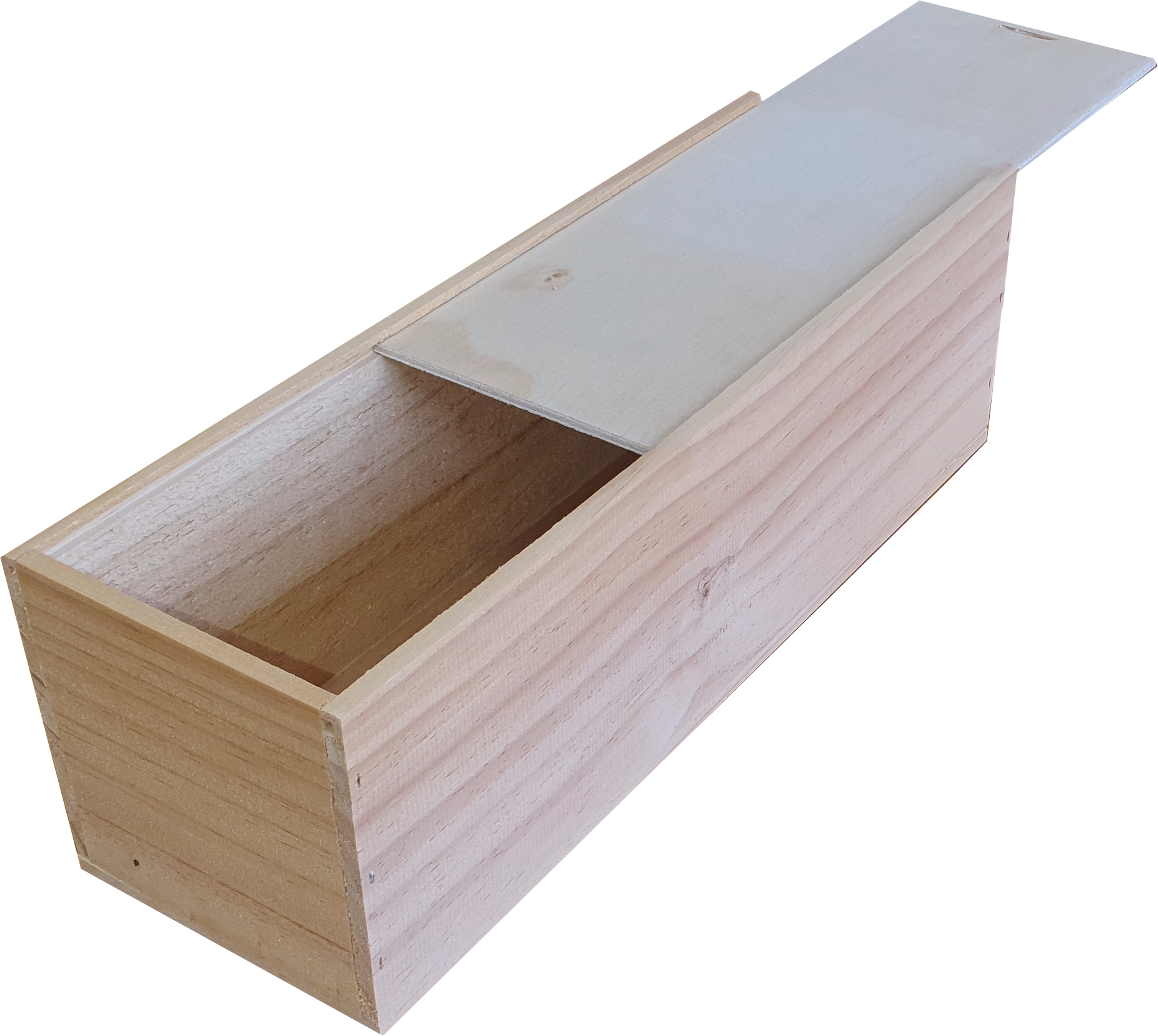 A long wooden box with the lid open