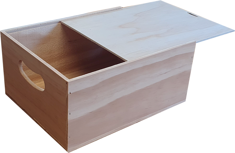 A wooden box with the lid open and a handle