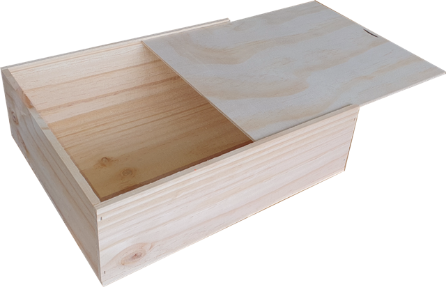 A wooden box with the lid open on a white background