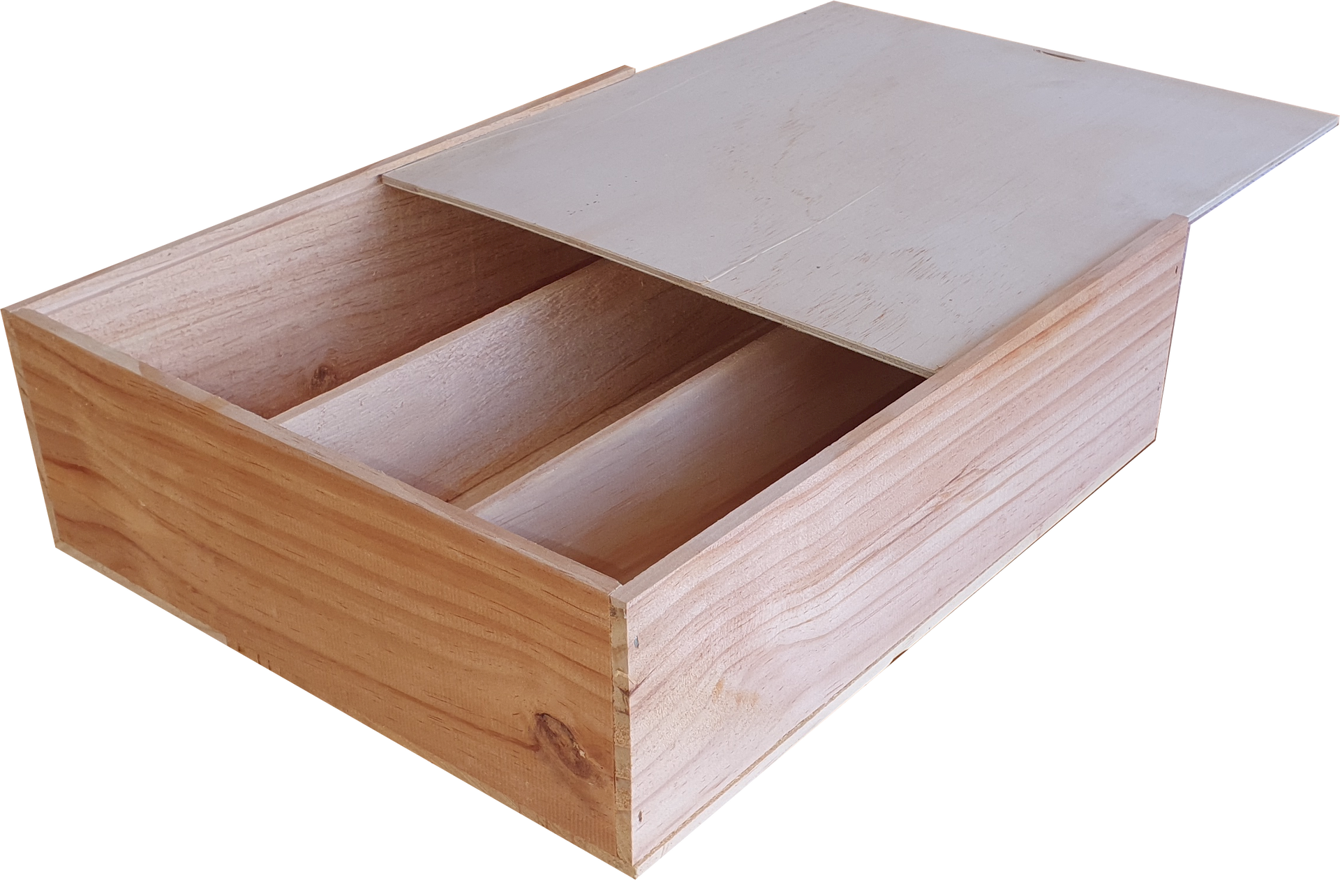 A wooden box with a lid that is open