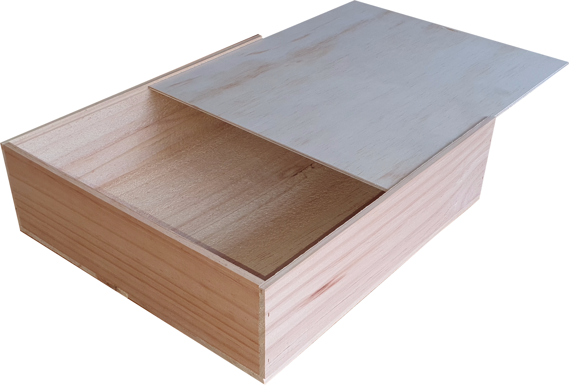 A wooden box with a metal lid is open