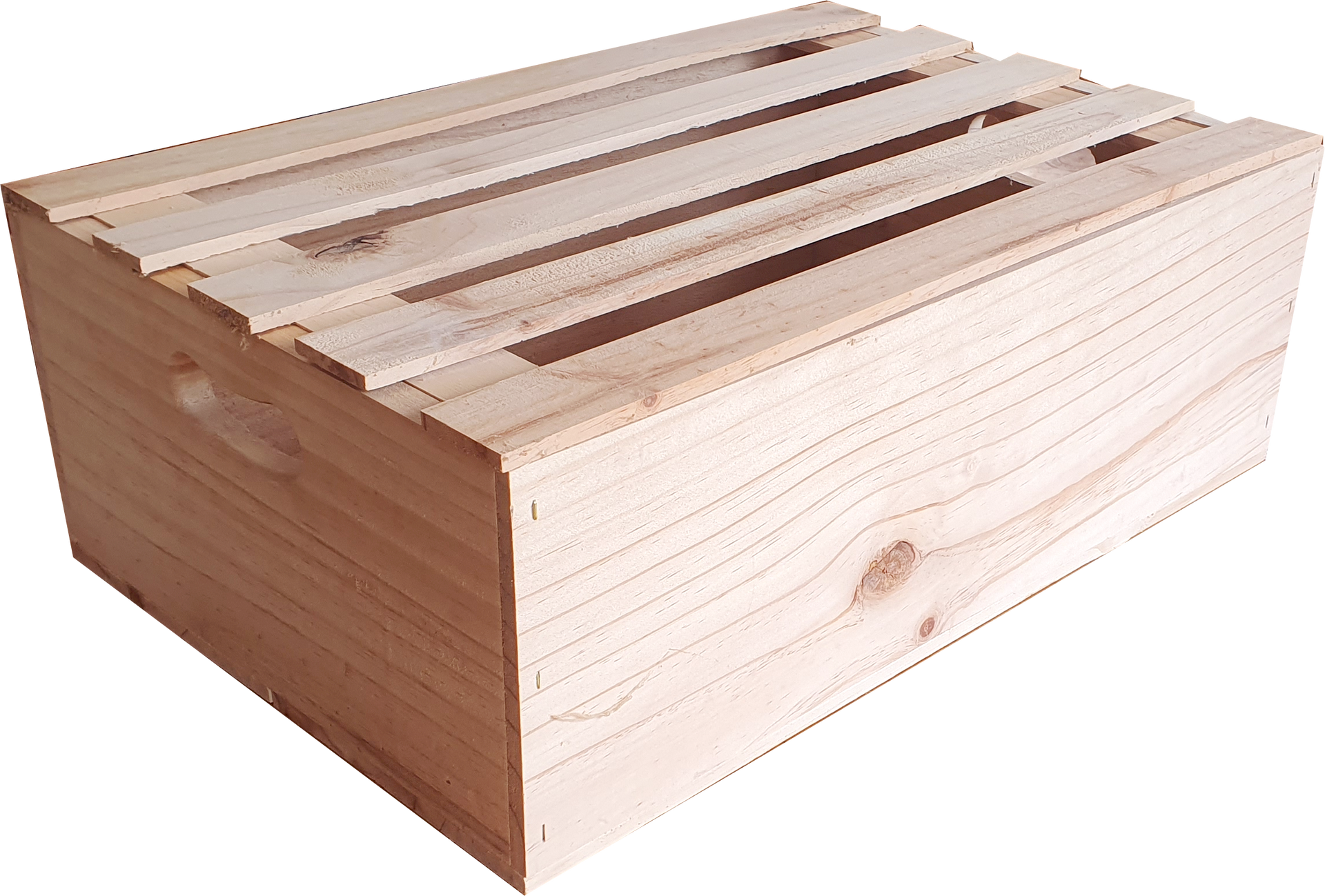 A wooden crate with a lid on a white background