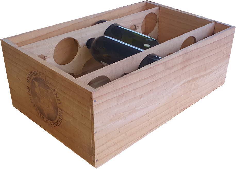 A wooden box with two bottles of wine in it