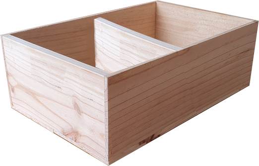 A wooden box with two compartments in it