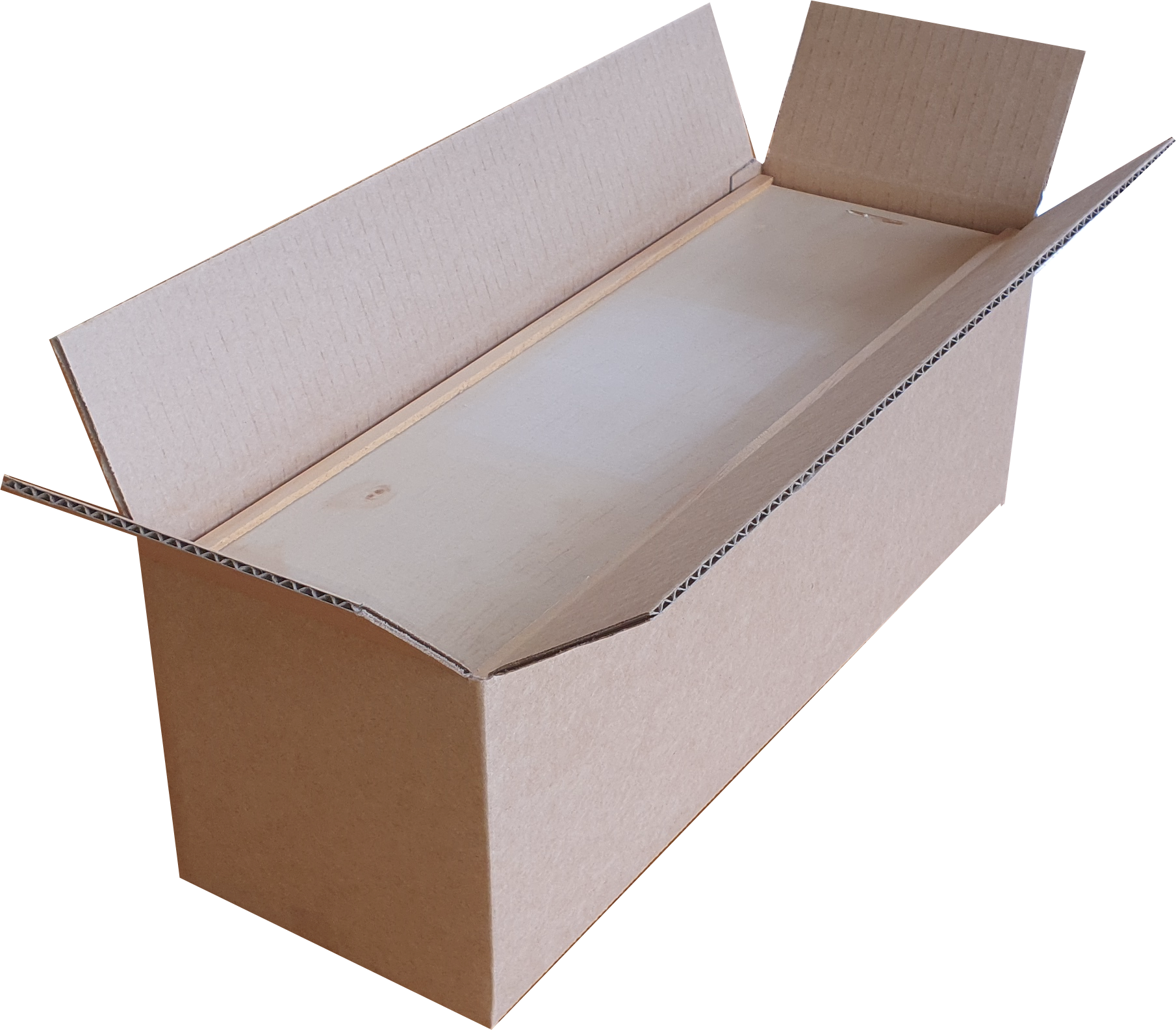 A long cardboard box with the lid open