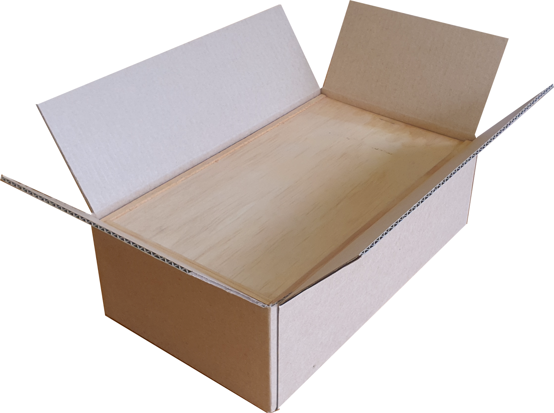 An open cardboard box with a wooden tray inside