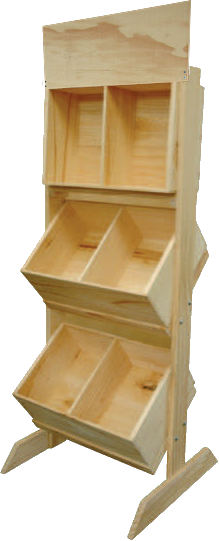 A wooden shelf with three shelves and three drawers on a white background.