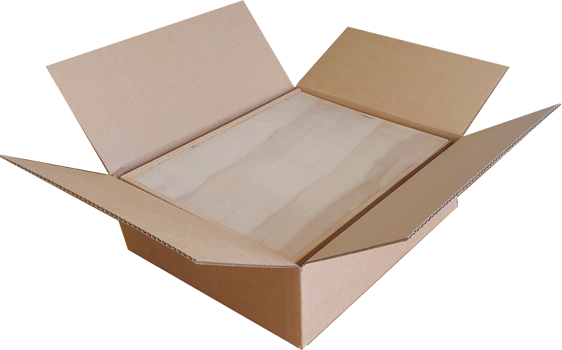 An open cardboard box with a piece of wood in it