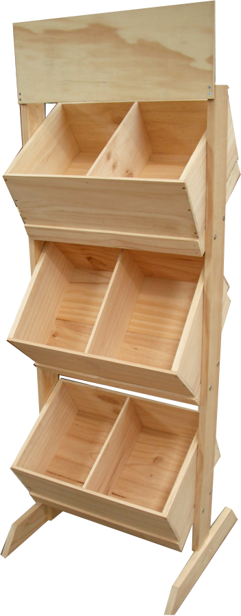 A wooden shelf with three rows of wooden bins on a white background.