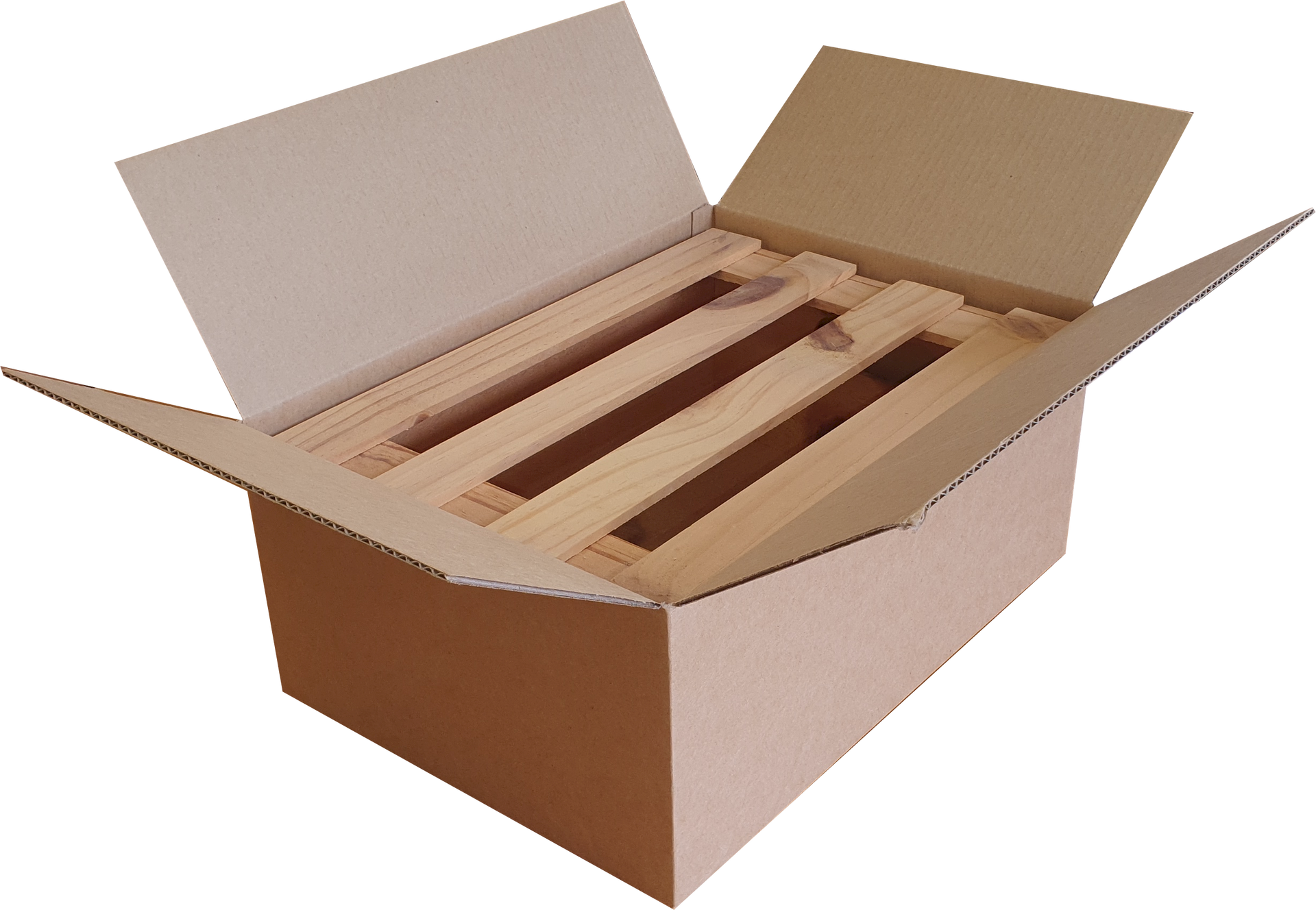 A cardboard box with a wooden frame inside of it