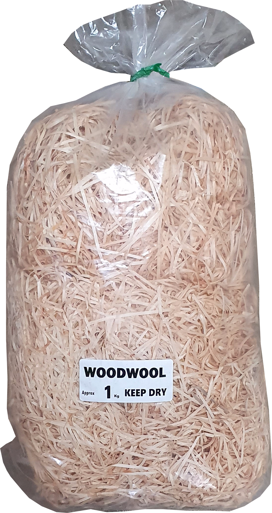 A bag of wood shavings in a plastic bag on a white background.